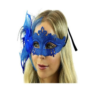 Máscara veneciana azul con plumas