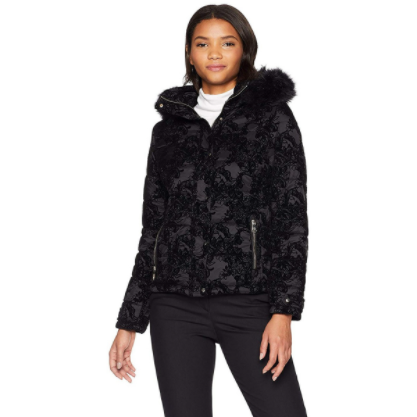 Parka de terciopelo con capucha estampada para mujer, negra