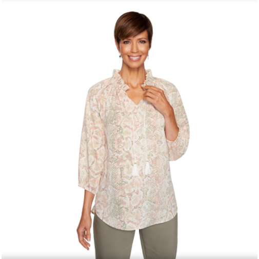 RUBY RD MULTICOLOR ROSE LONG SLEEVE BLOUSE
