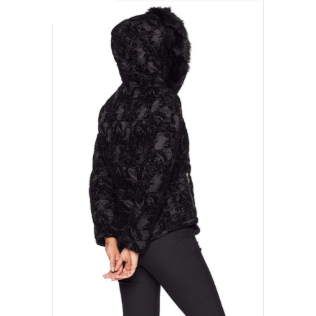 Parka de terciopelo con capucha estampada para mujer, negra