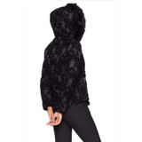 Parka de terciopelo con capucha estampada para mujer, negra