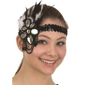 DIADEMA DE LENTEJUELAS CON PLUMAS Y JOYAS