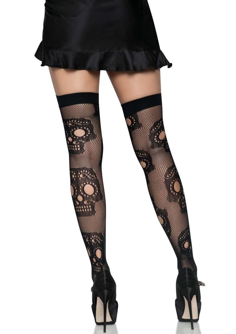 Medias Altas de Rejilla con Calaveras de Azúcar Negras