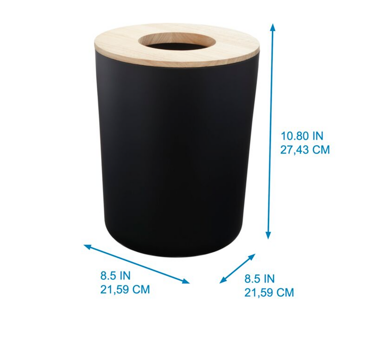 BOTE DE BASURA DE ACERO VANITY NEGRO MATE CON TAPA DE MADERA