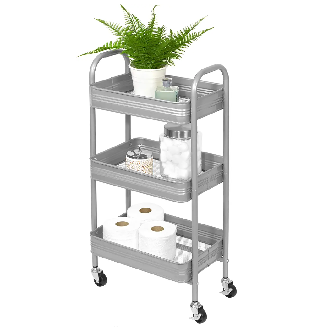 Carrito de metal y malla de 3 niveles plateado