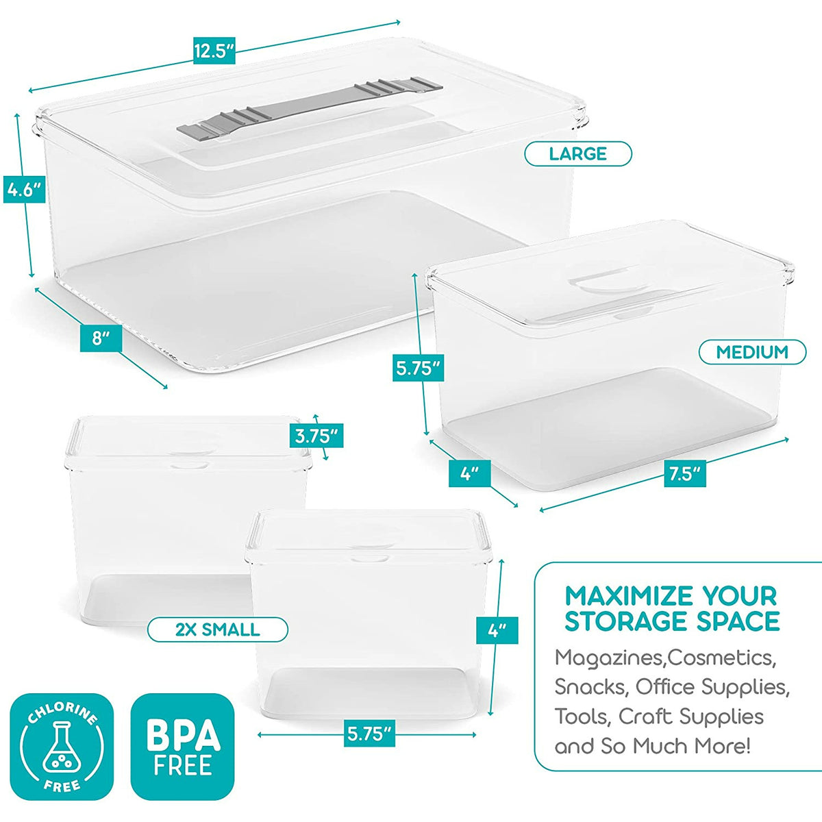 Juego de 4 cajas de almacenamiento transparente/gris