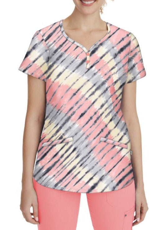 Blusa con cuello joya de dos botones y diseño de olas tie-dye