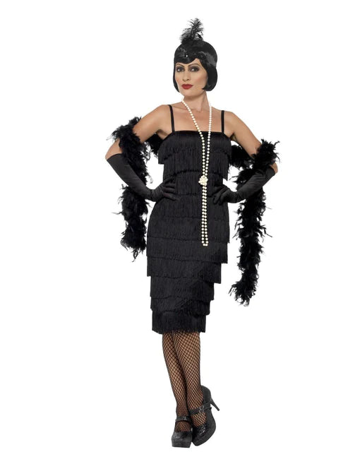 Disfraz de flapper, negro, con vestido largo