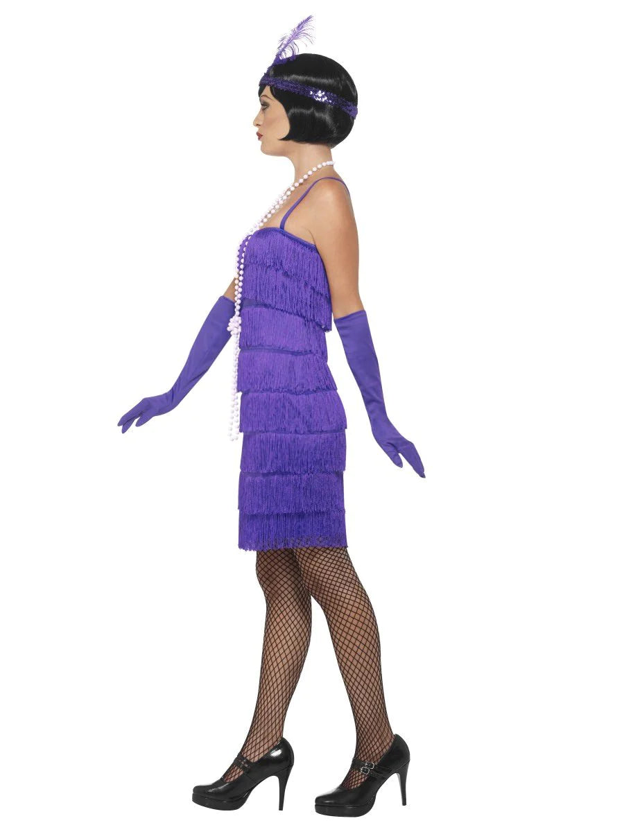 Disfraz de flapper, morado, con vestido corto