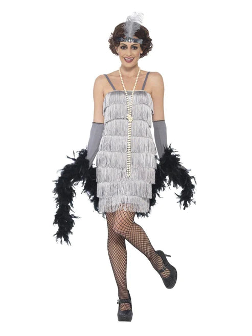 Disfraz de flapper, plateado, con vestido corto