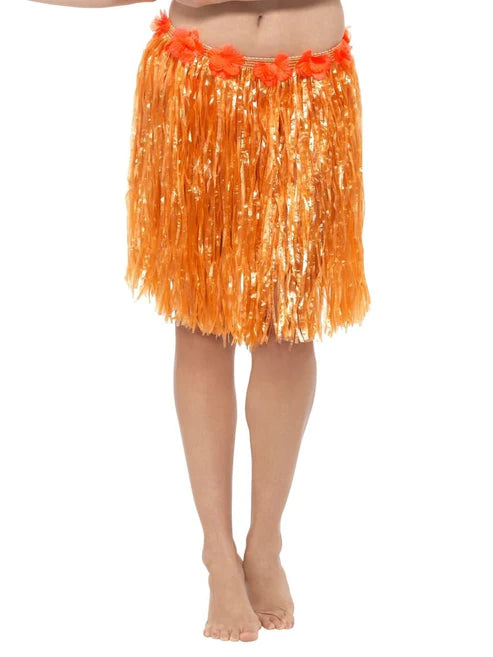 Falda Hula Hawaiana con Flores, Naranja Neón