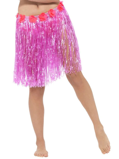 Falda de Hula Hawaiana con Flores, Rosa Neón