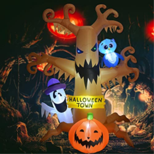 Inflable de Halloween para exteriores de 8 pies de altura, árbol muerto con fantasma blanco