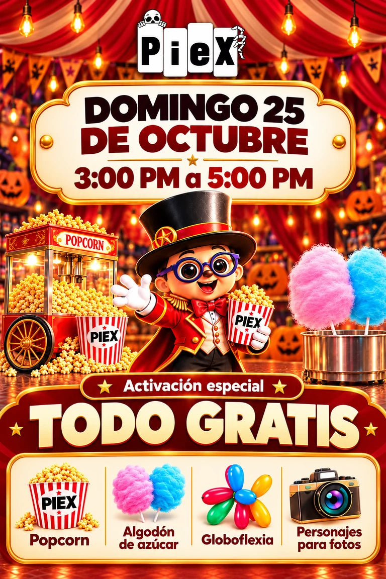 Piex. Domingo 25 de octubre, de 3:00 PM a 5:00 PM. Activación especial: todo gratis. Popcorn, algodón de azúcar, globoflexia y personajes para fotos.