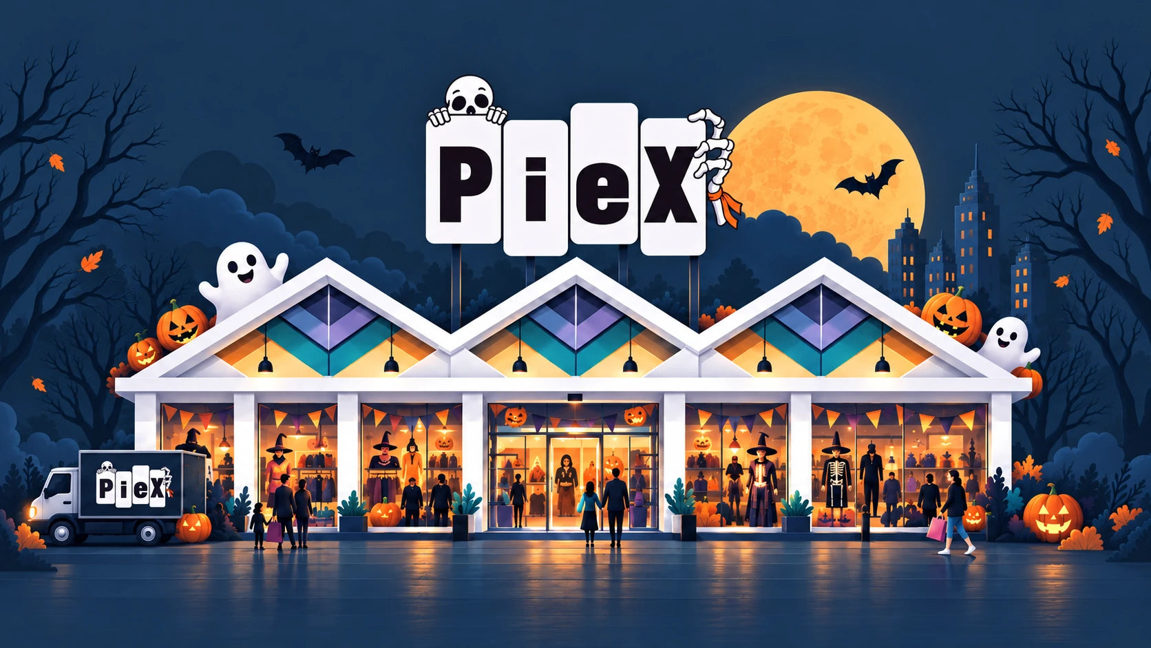 La fachada de Piex en Halloween, con el logo de calavera, calabazas y una luna iluminada