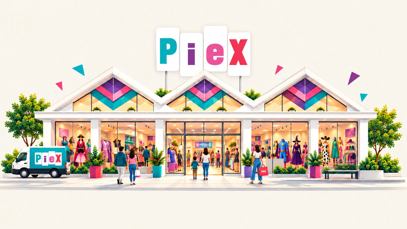 La tienda Piex, con sus tres tejados y el letrero de colores