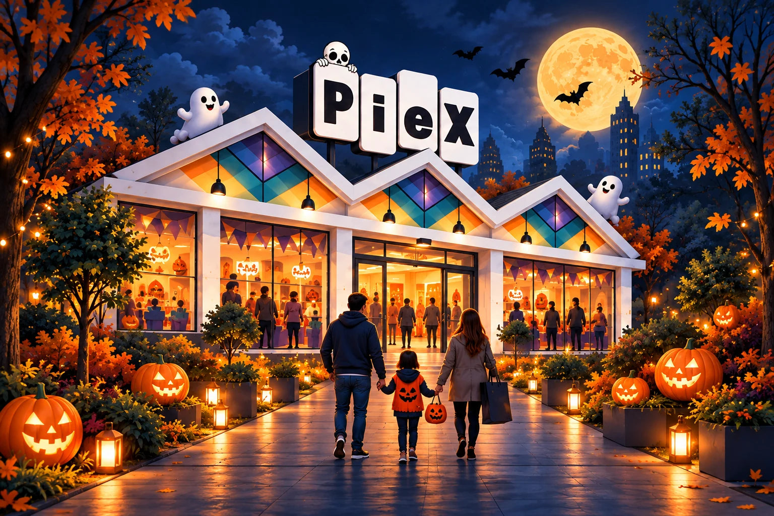 Ilustración de Piex en Halloween, con calabazas y una entrada iluminada