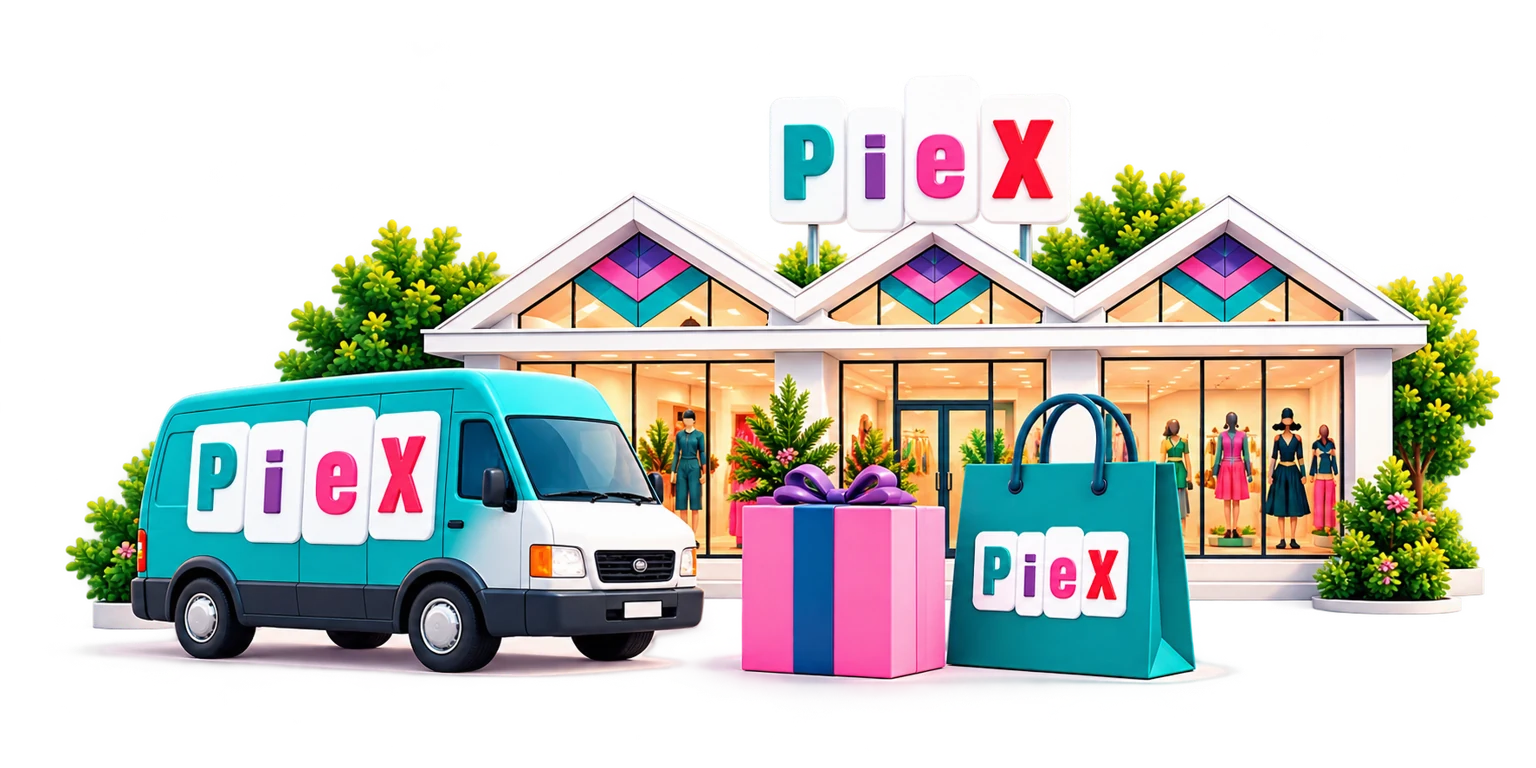Furgoneta Piex, paquetes y tienda ilustrados